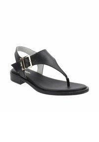 Sandale en cuir noir avec un design à tongs, sangle de cheville ajustable et petit talon carré. Présente des perforations sur la semelle intérieure pour la respirabilité.