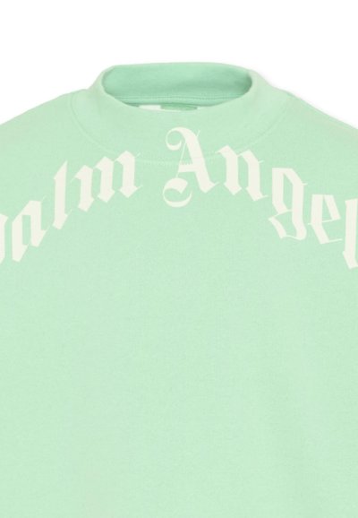 Sweat-shirt vert menthe avec le texte "Palm Angels" en style gothique blanc formant un arc au-dessus de la poitrine, sous un col ras du cou côtelé.