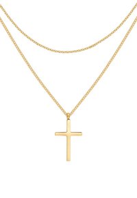 Collar de capas de color dorado con un colgante de cruz suave y pulido. Presenta dos longitudes de cadena y un diseño simple y minimalista.