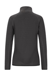 Langärmliger, dunkelgrauer Pullover mit hohem Kragen. Verfügt über einen strukturierten Stoff und kontrastierende Nahtdetails an den Seiten.