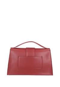 Borsa a mano in pelle rossa con una forma strutturata, manico piatto e tasca frontale. Presenta una texture liscia e dettagli delle cuciture.