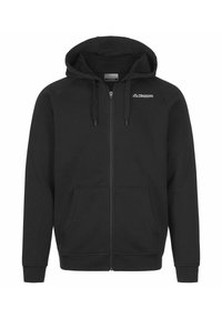 Felpa zip nera realizzata in materiale morbido. Presenta un cappuccio, tasche frontali e un piccolo logo bianco sulla zona sinistra del petto.