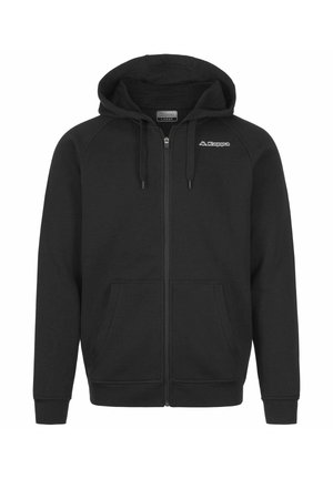 Felpa zip nera realizzata in materiale morbido. Presenta un cappuccio, tasche frontali e un piccolo logo bianco sulla zona sinistra del petto.