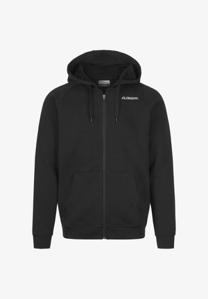 Felpa zip nera realizzata in materiale morbido. Presenta un cappuccio, tasche frontali e un piccolo logo bianco sulla zona sinistra del petto.