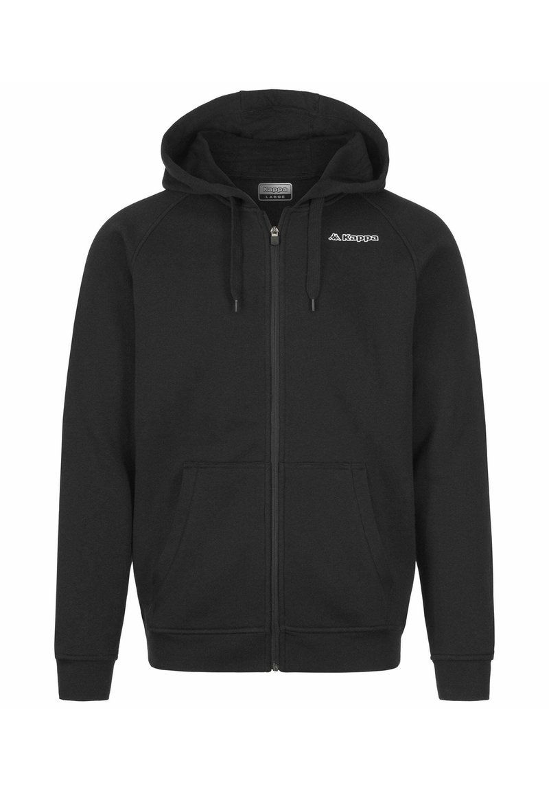 Felpa zip nera realizzata in materiale morbido. Presenta un cappuccio, tasche frontali e un piccolo logo bianco sulla zona sinistra del petto.