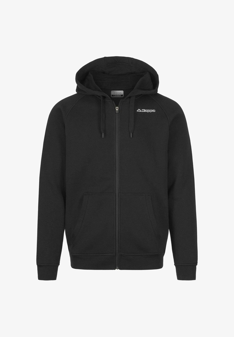 Felpa zip nera realizzata in materiale morbido. Presenta un cappuccio, tasche frontali e un piccolo logo bianco sulla zona sinistra del petto.