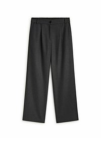 Grijze wijde broek van structuurstof, met een elastische tailleband en een enkele knoopsluiting, voorzien van voorzakken.