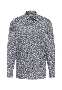 Een zwart-wit button-up shirt met een geometrisch patroon. Lange mouwen, puntige kraag en een sluiting met knopen aan de voorkant.