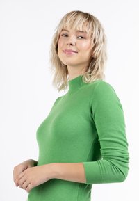 Grön, långärmad stickad tröja med hög halsringning, figurnära design och ribbad mudd. Slät textur med jämn färg genom hela plagget.
