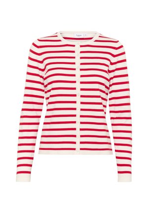 Rood-wit gestreepte cardigan met lange mouwen, ronde halslijn en knoopsluiting aan de voorkant, gemaakt van een zachte brei stof.