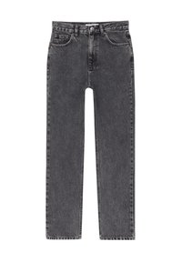 Jeans de mezclilla negra con un diseño de pierna recta, cinco bolsillos, cierre de cremallera y un leve desvanecimiento. Presentan costuras visibles y herrajes metálicos.