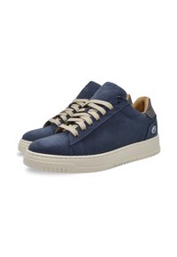 Navy blue leather sneakers with light beige laces, round toe, and contrasting cream sole. Features subtly stitched accents and logo detail.