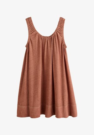 Sleeveless loose-fit, knee-length brown dress with gathered elastic straps and soft fabric texture.