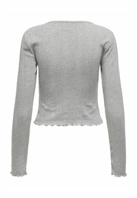 Grijze, geribbelde long-sleeve top met een cropped ontwerp en scalloped zoom. Zacht materiaal met een getailleerde silhouet. Geen zichtbare sluitingen of versieringen.