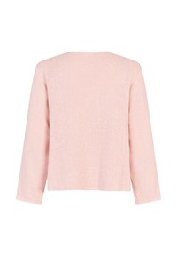 Vaaleanpunainen neulepaita, pitkät hihat, rento malli, tekstuuri kangas, pyöreä kaula-aukko, ei näkyviä kiinnityksiä tai koristeita, yksinkertainen muotoilu.