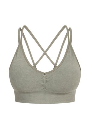 Soutien-gorge de sport en vert olive muted, fabriqué en tissu doux. Il présente un col haut et des bretelles croisées dans le dos, avec une large bande côtelée.
