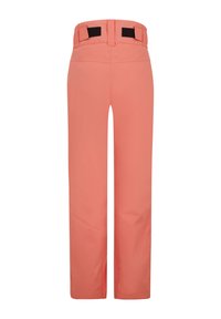 Korallenfarbene Hosen mit geradem Schnitt, aus weichem Stoff gefertigt. Sie verfügen über einen flachen Bund mit zwei schwarzen Klettverschlüssen auf der Rückseite.