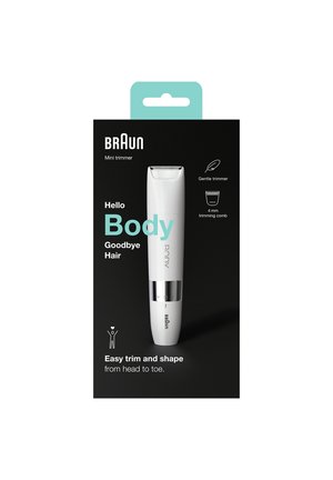 Mini tondeuse blanche avec des accents argentés ; présente un design lisse et une lame douce. L'emballage comprend des instructions et des détails d'utilisation.