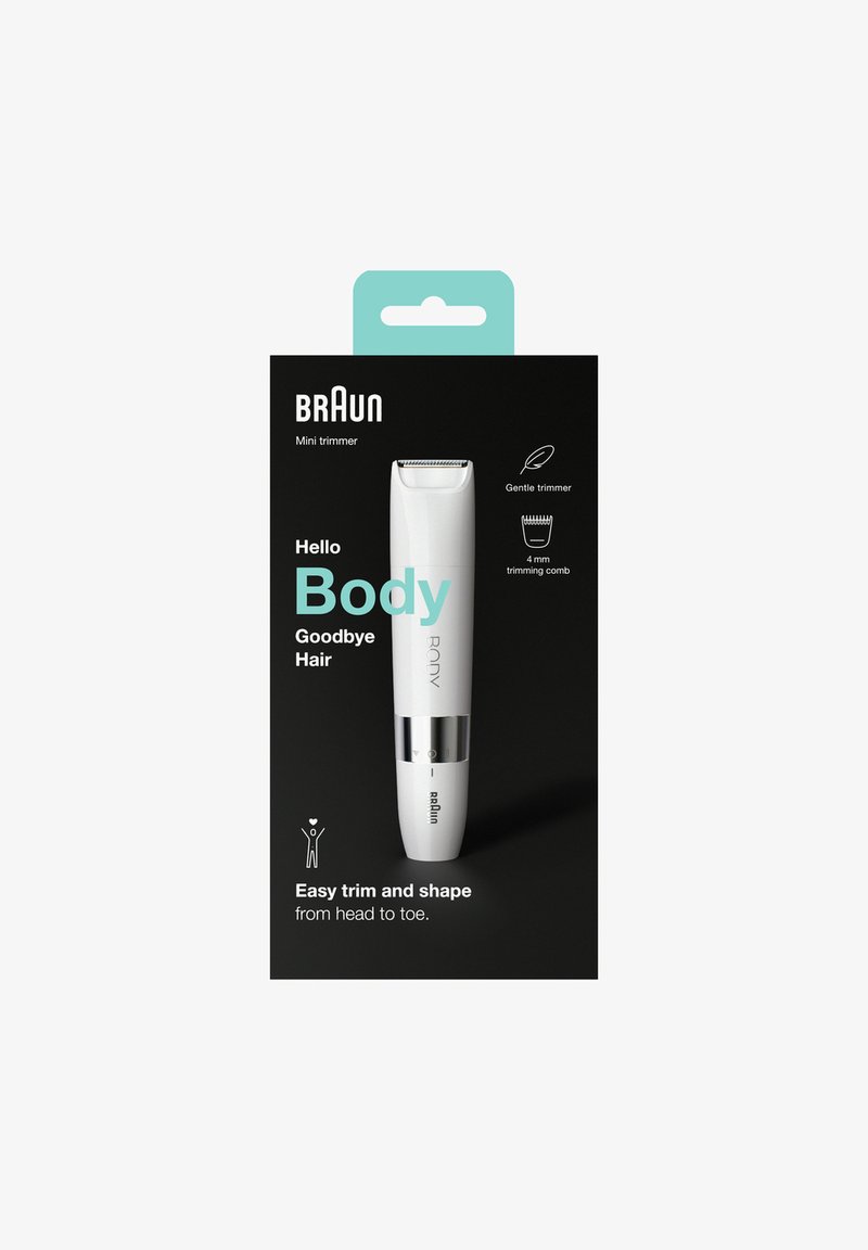 Mini tondeuse blanche avec des accents argentés ; présente un design lisse et une lame douce. L'emballage comprend des instructions et des détails d'utilisation.