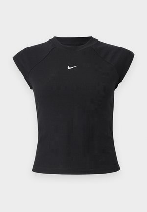 Must lühikeste varrukatega top soonilise tekstuuriga, varustatud ümmarguse kaelusega ja väikese valge Nike logoga rinnal.