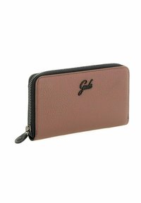 Portafoglio con zip in morbida pelle rosa, con una zip nera e logo impresso. Forma rettangolare con superficie texturizzata.