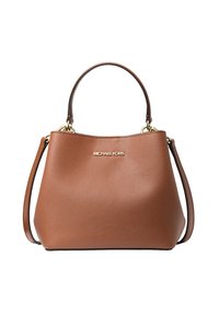 Brown textured leather handbag with a gold logo, dual handles, and a detachable shoulder strap. Bucket shape with a smooth finish.