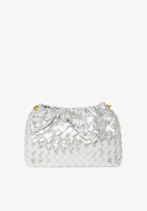 Metallic silver woven handbag with a gathered top and gold-tone hardware. Features a textured surface and a rounded shape.