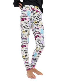 Leggings in un tessuto bianco con testo grafico colorato e scarabocchi, comprese cuori e icone, dal design aderente e lunghezza alla caviglia.