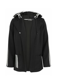 Schwarze Kapuzenjacke mit einem lässigen Schnitt, ausgestattet mit weißen Streifen an den Ärmeln und zwei vorderen Taschen. Hergestellt aus weichem, dehnbarem Material.