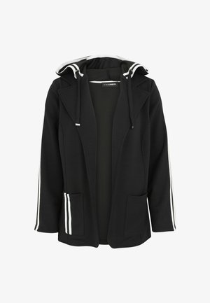 Schwarze Kapuzenjacke mit einem lässigen Schnitt, ausgestattet mit weißen Streifen an den Ärmeln und zwei vorderen Taschen. Hergestellt aus weichem, dehnbarem Material.