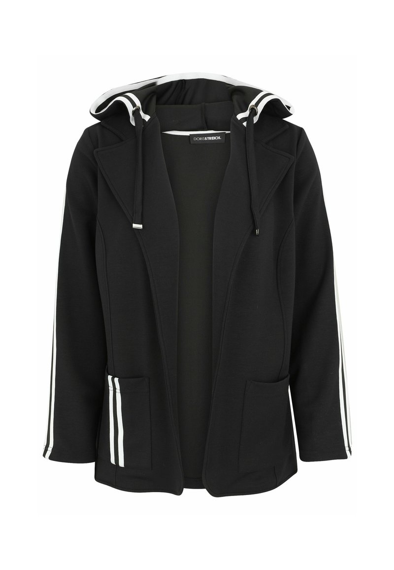 Schwarze Kapuzenjacke mit einem lässigen Schnitt, ausgestattet mit weißen Streifen an den Ärmeln und zwei vorderen Taschen. Hergestellt aus weichem, dehnbarem Material.