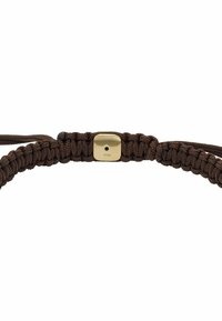 Brun paracord-armband med ett platt, förgyllt stållås som har en liten svart prick i mitten, tätt vävd för hållbarhet.