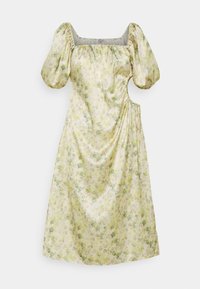 Kwiatowa sukienka midi w jasnym żółtym kolorze, z bufkami, kwadratowym dekoltem i marszczeniem po bokach. Posiada wycięcie po lewej stronie.