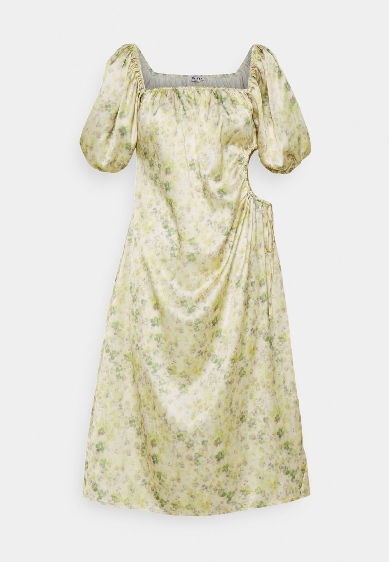 Kwiatowa sukienka midi w jasnym żółtym kolorze, z bufkami, kwadratowym dekoltem i marszczeniem po bokach. Posiada wycięcie po lewej stronie.