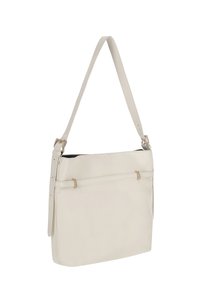 Witte leren handtas met een enkele lange riem, platte vorm en twee decoratieve gouden sierbeslagaccenten aan de voorkant.