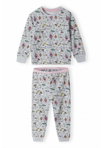 Ensemble de pyjama en coton gris comprenant un haut à manches longues avec col rond et un pantalon assorti. Les deux pièces présentent des motifs colorés et ludiques de licornes et de planètes.