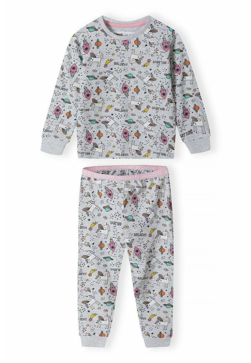 Ensemble de pyjama en coton gris comprenant un haut à manches longues avec col rond et un pantalon assorti. Les deux pièces présentent des motifs colorés et ludiques de licornes et de planètes.
