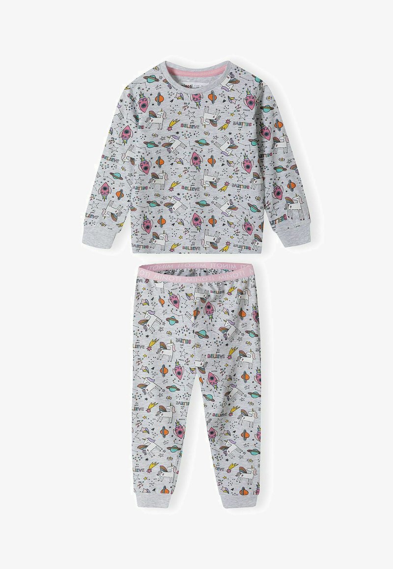 Szürke pamut pizsamakészlet, amely egy kerek nyakú, hosszú ujjú felsőből és azonos mintázatú nadrágból áll. Mindkét darabon színes, játékos nyomatok találhatók unikornisokkal és bolygókkal.