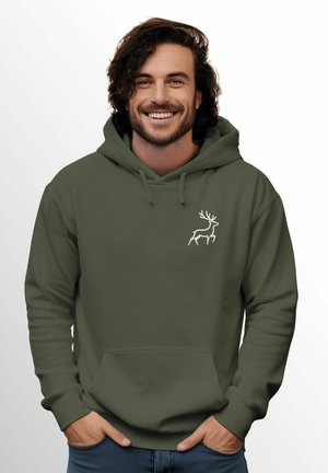 Olive green hoodie featuring a kangaroo pocket, drawstring hood, and a white deer silhouette design on the chest. Soft fabric texture.