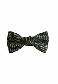 Black bow tie with a textured pattern featuring gold and white accents. Classic shape with a central knot detail.