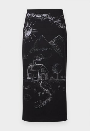 Black skirt featuring white chalk-like drawings of a sun, mountains, house, and a winding path, with floral accents at the bottom.