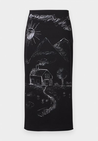 Svart kjol med vita kritliknande teckningar av en sol, berg, hus och en slingrande väg, med blomsterdetaljer längst ner.