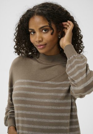Brown sweater with silver horizontal stripes, high neckline, and slightly puffed sleeves, made of a soft, textured fabric.