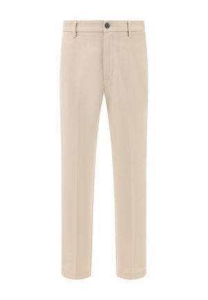 Beige Hosen aus glattem Stoff, mit einem klassischen geraden Schnitt, Fronttaschen und einem einzigen Knopfverschluss an der Taille.