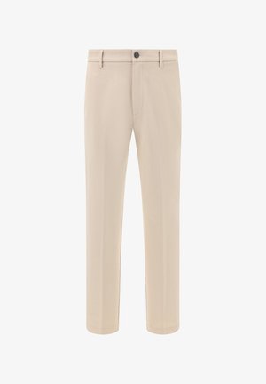 Beige Hosen aus glattem Stoff, mit einem klassischen geraden Schnitt, Fronttaschen und einem einzigen Knopfverschluss an der Taille.