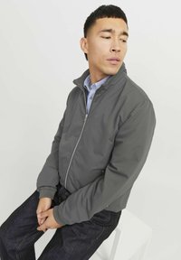 Grijs zip-up jack met een hoge kraag, met een gladde textuur en zijzakken, gedragen over een blauw gestreept shirt en donkere broek.