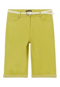 Grüne knielange Shorts aus einem Baumwollmischgewebe. Verfügt über einen weißen gewebten Gürtel, fünf Taschen und umgenähte Säume für einen strukturierten Look.