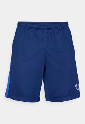 Ναυτικές αθλητικές βερμούδες από ελαφρύ ύφασμα, με μπλε ένθετο πάνελ και κεντημένο λογότυπο στο κάτω δεξί μέρος του ποδιού.