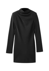 Vestido negro de manga larga con escote drapeado, que presenta un acabado suave y una silueta ajustada, fabricado con un tejido ligero.