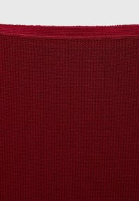 Tessuto a coste di un rosso scuro con una superficie strutturata, caratterizzato da un motivo verticale uniforme e un bordo liscio nella parte superiore.